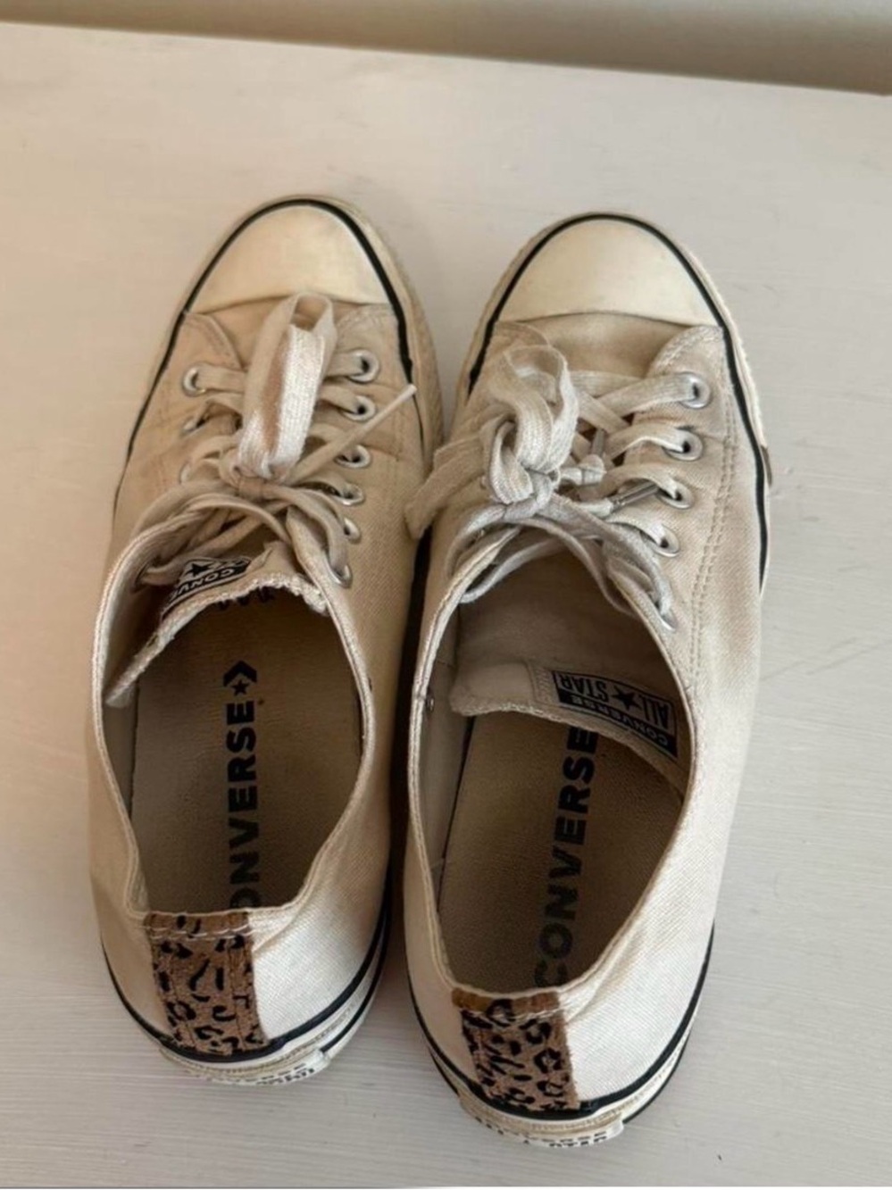 Converse Women's Low Top Canvas Sneakers in Cream with Leopard Heel